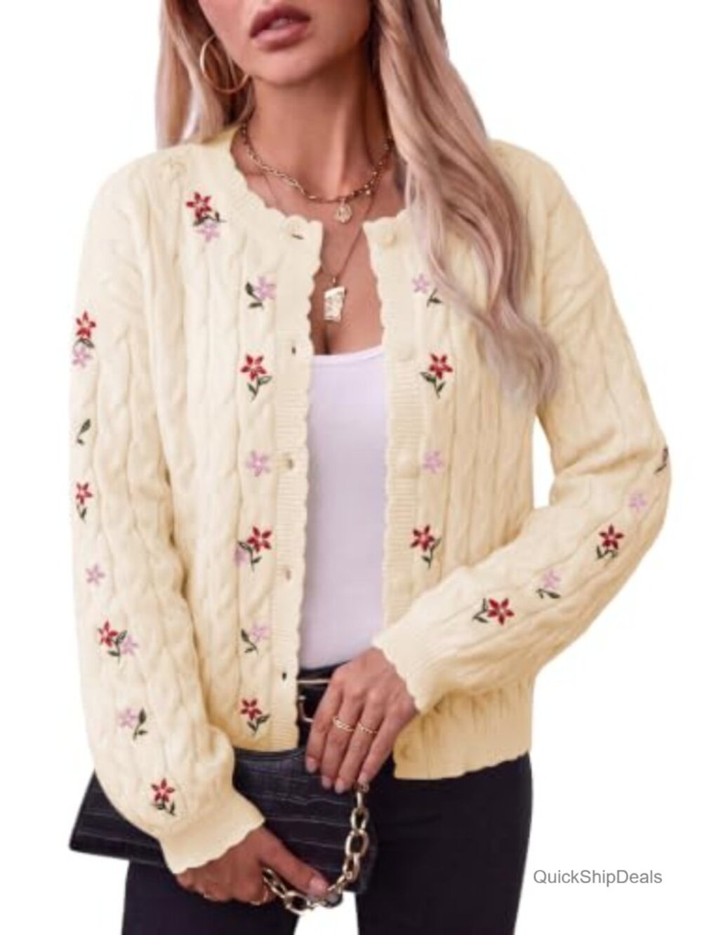 Sidefeel Womens Button Up Floral Embroidered Cable Knit Cropped Cardigan Sweater